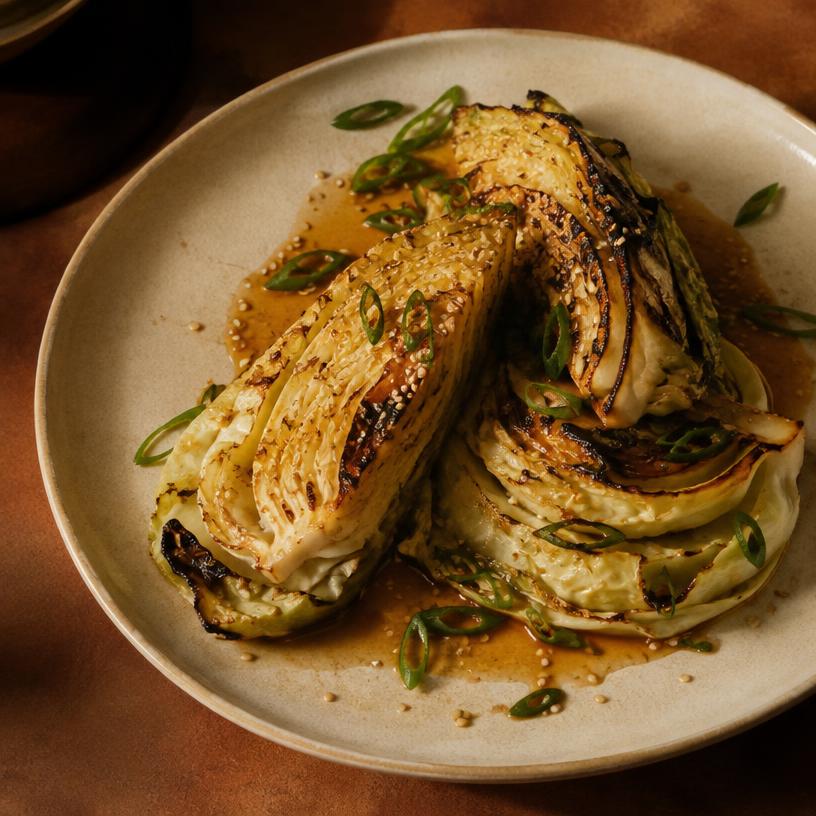 Charred cabbage wedges with glossy miso butter, toasted sesame and scallions on a cream plate