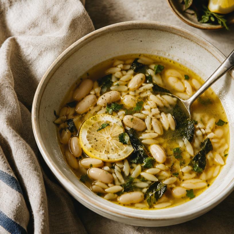 Lemon and white bean orzo soup in a cream bowl with herbs and olive oil