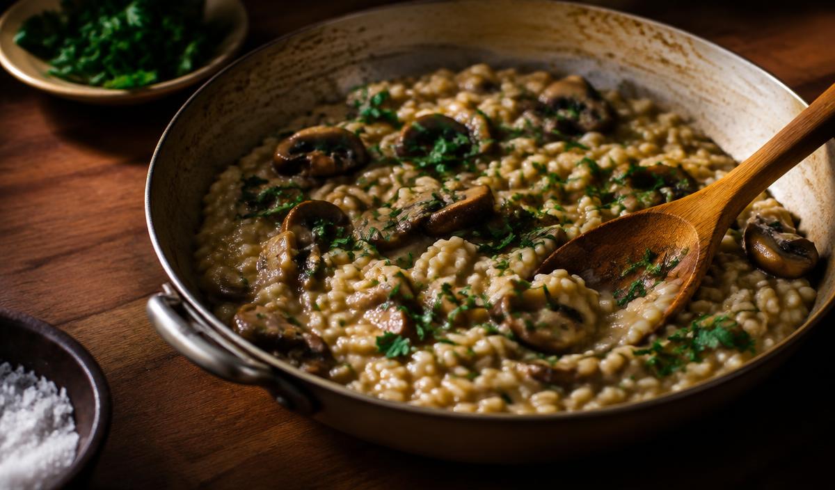 Creamy miso mushroom risotto with parsley in a wide shallow pan